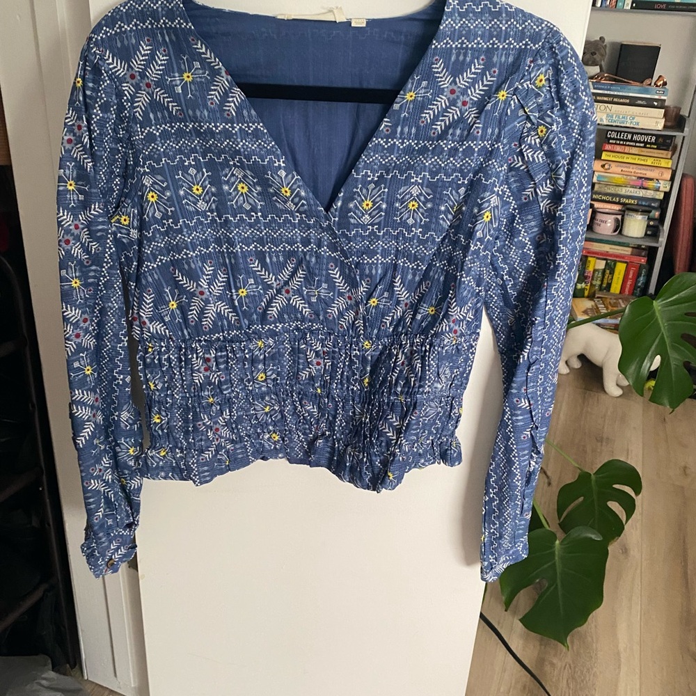 Blue Floral-Embroidered V-Neck Women’s Top